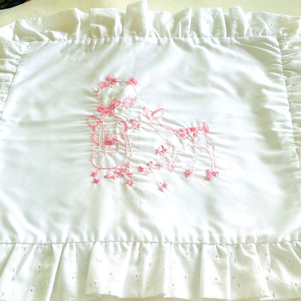 White Pillow Case/ Sham with Pink Embroidered Design of a Girl and a Fawn Vtg